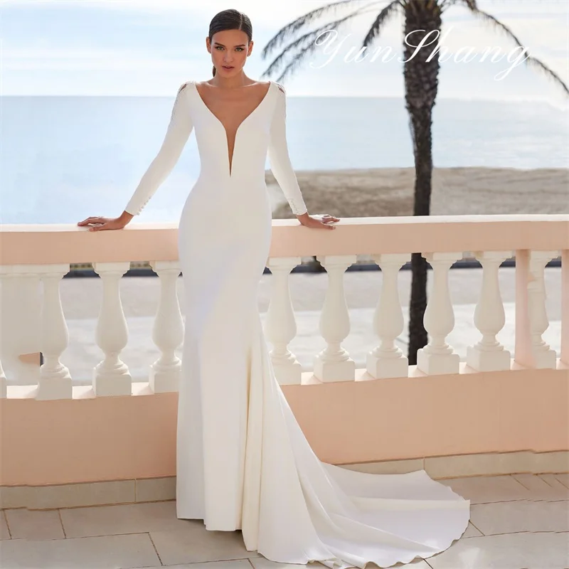 Top Trends: Yunshang Elegant Wedding Dress Women Mermaid Long Sleeve Open Back Lace V-Neck Applique Bridal Gown Sweep Train Vestido De Novia Shoppable Styles