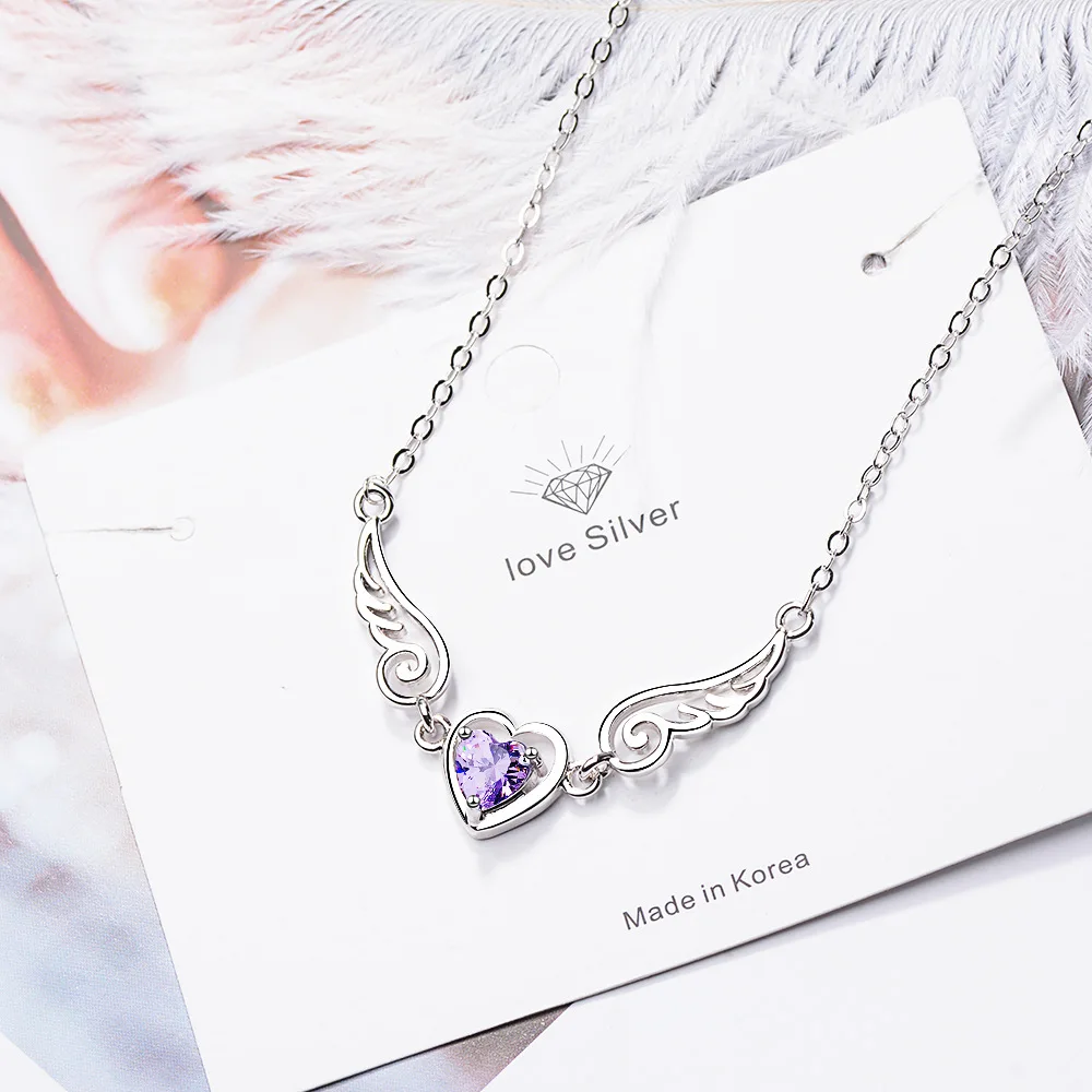 Top Trends: 925 Sterling Silver Women Chain On The Neck Collarbone Necklace For Women Angel Wing Purple Zircon Pendant Chain Girl Jewelry Shoppable Styles