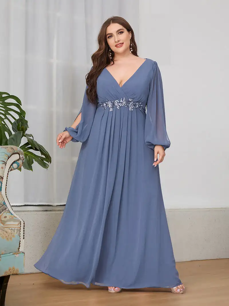 Top Trends: Plus Size Evening Dresses V-Neck Long Sleeves A-LINE Floor-Length Gown 2024 Ever Pretty Of Dusty Navy Bridesmaid Dress Women Shoppable Styles