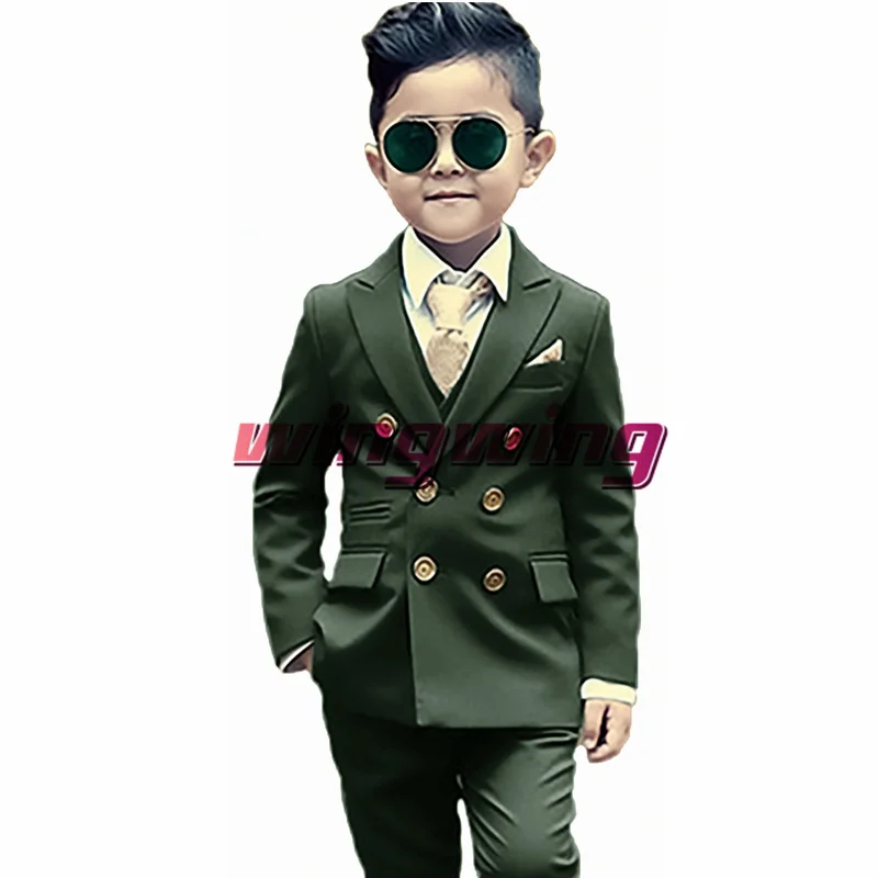 Top Trends: Green Boys Suit Wedding Two Piece Double Breasted Jacket Pants Fashion Gold Button Clothes Kids Blazer Shoppable Styles - Image 2