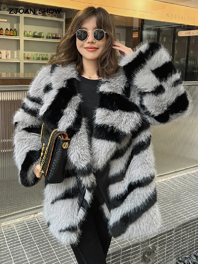 Top Trends: HIGH QUALITY Winter Zebra Striped Large Lapel Fur Coat Long Sleeve Loose Warm Shaggy Faux Fur Jacket Loose Outwear Shoppable Styles