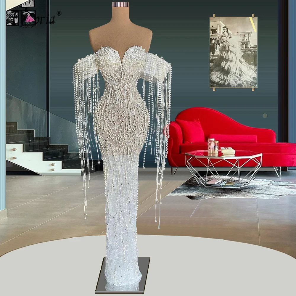 Top Trends: Elegant Full Pearls Beaded Mermaid Evening Dress White Off Shoulder Tassels Floor Length See Through Prom Dress Robe De Soiree Shoppable Styles