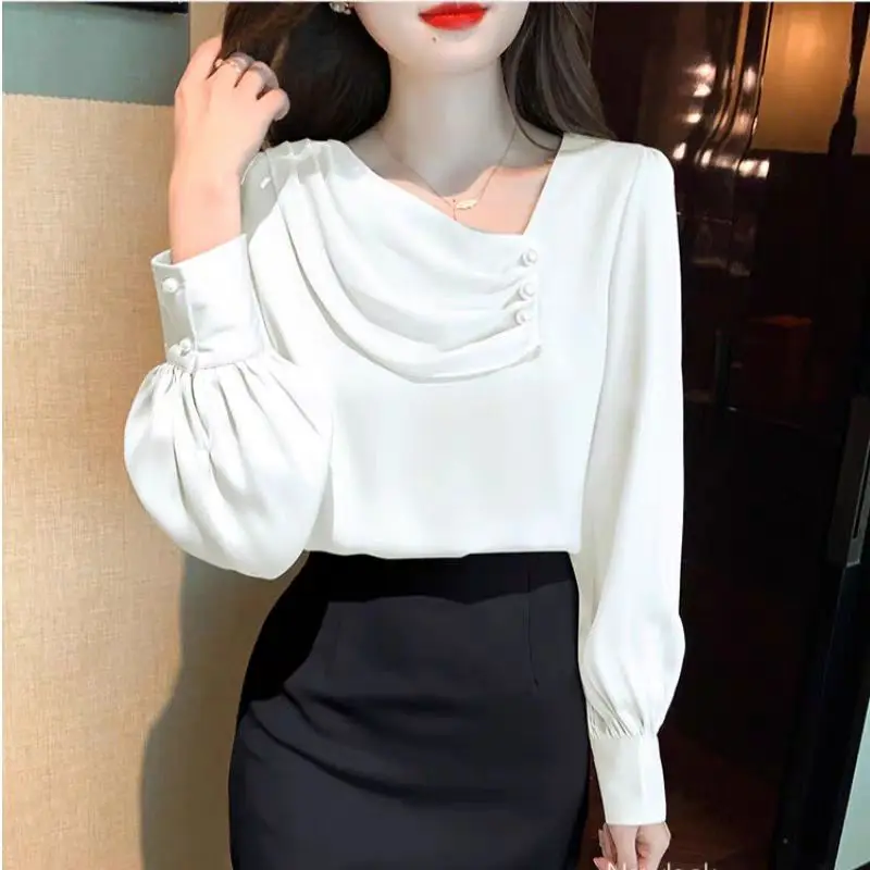 Top Trends: Spring Simplicity Commute Long Sleeve Chiffon Shirt Women's Clothing Fashion All-match Casual Beading Spliced Solid Color Blouse Shoppable Styles - Image 2