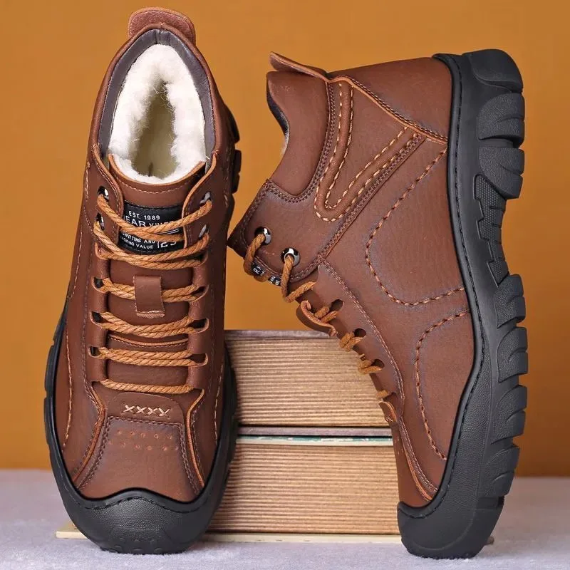 Top Trends: Outdoor Sports Snow Boots 2023 Autumn And Winter New Leather Shoes With Plush And Thick Waterproof Casual High-top Leather Shoes Shoppable Styles