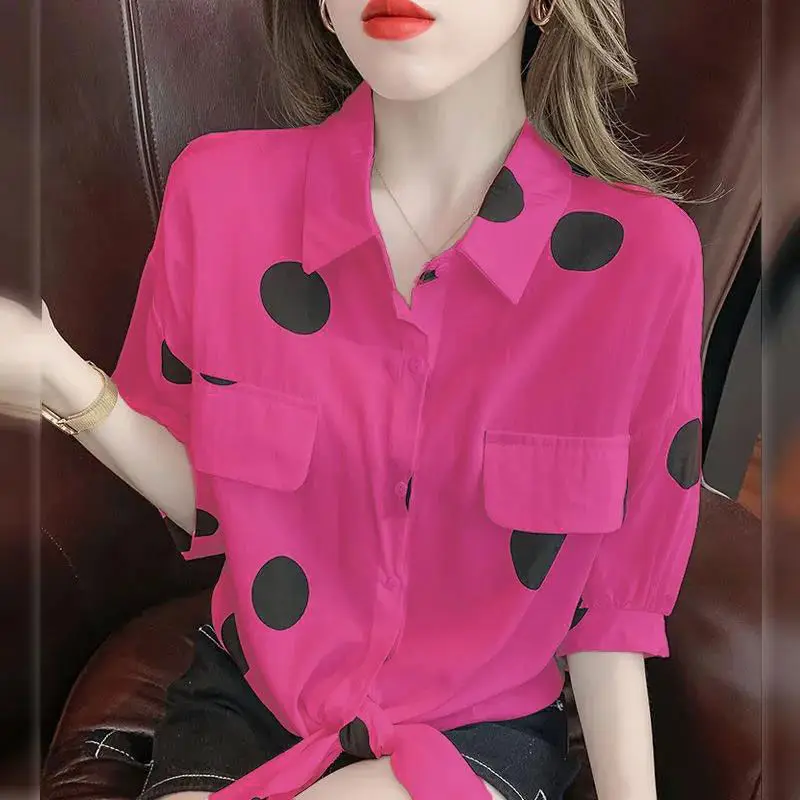 Top Trends: Fashion Bandage Printed Polka Dot Lapel Spliced Pockets Button Loose Puff Sleeve Shirt Summer Commute Tops Casual Women&#039;s Blouse Shoppable Styles