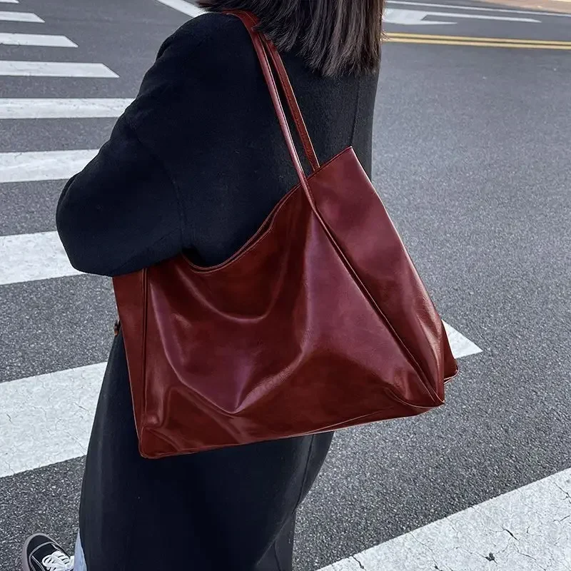 Top Trends: MBTI Vintage Red Womens Tote Bag Athletic Casual Fashion Large Capacity Leather Shoulder Bag Shopper Harajuku Simple Handbag Sac Shoppable Styles