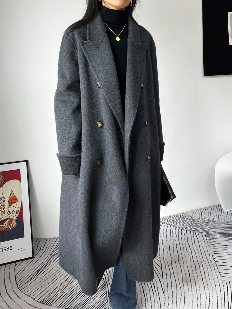 Top Trends: New Gray Simple Double-sided Wool Cashmere Coat Women Lapel Double Breasted Long Sleeve Woolen Coats Fashion Fit Autumn Winter Shoppable Styles