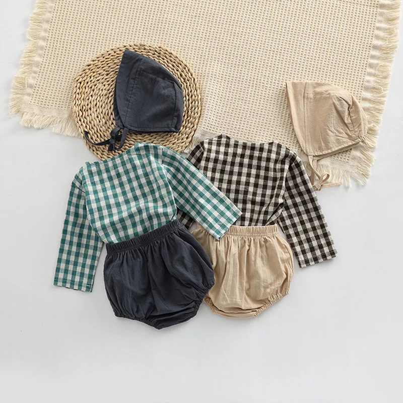 Top Trends: 2023 Autumn Spring Newborn Baby Girls Boys Full Sleeve Plaid Top Shirts+ shorts+ hat Infant Kids 100% Cotton Clothing Set 3pcs Shoppable Styles - Image 2