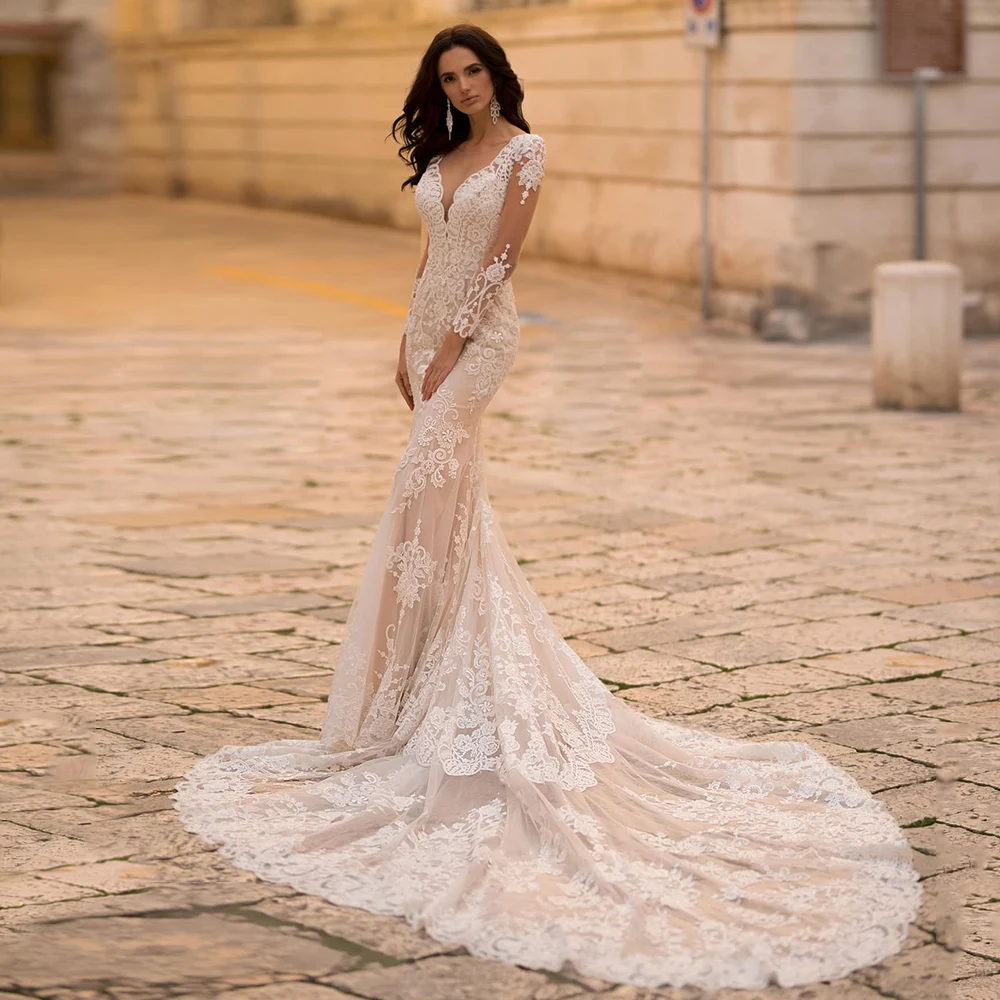 Top Trends: Gorgeous V-Neck Lace Appliques Mermaid Wedding Dresses Long Sleeves Illusion Backless Bridal Gown Cathedral Train Bride Dress Shoppable Styles