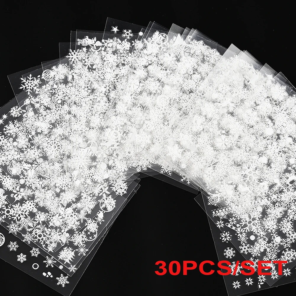 Top Trends: 30PCS Snowflake Nail Art Decal Set 5.5*6.5cm Winter Xmas Elk Santa Rabbit 3D Nail Sticker 1Kit White Snowflake Beauty Slider &*& Shoppable Styles