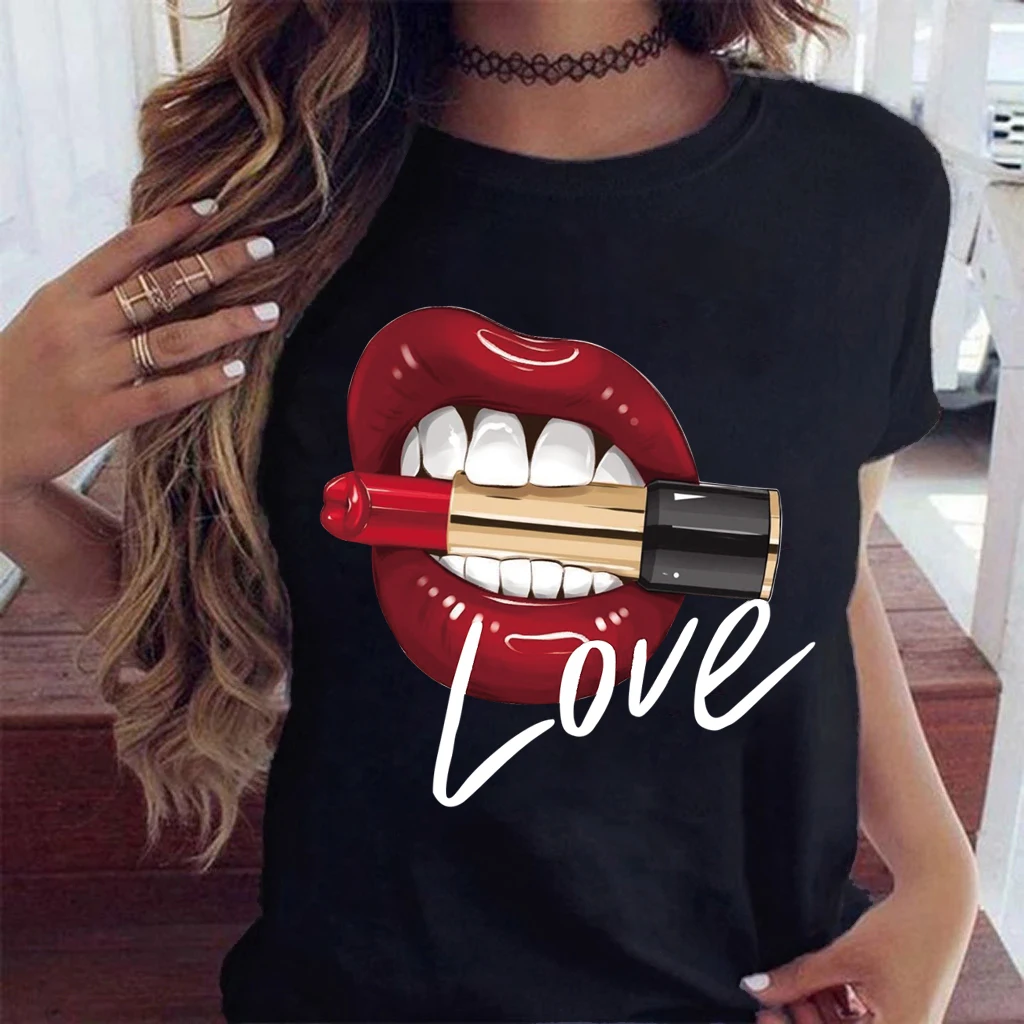 Top Trends: T Shirt For Women Casual O-neck Sexy Black Tees Funny Kiss Lip Summer Female Short Sleeve Tops Lips Watercolor Graphic T-Shirts Shoppable Styles