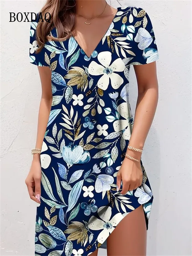 Top Trends: Retro V-Neck Floral Printed Dresses Women Vintage Short Sleeve Summer A-Line Elegant Party Dress Ladies Casual Loose Boho Dress Shoppable Styles