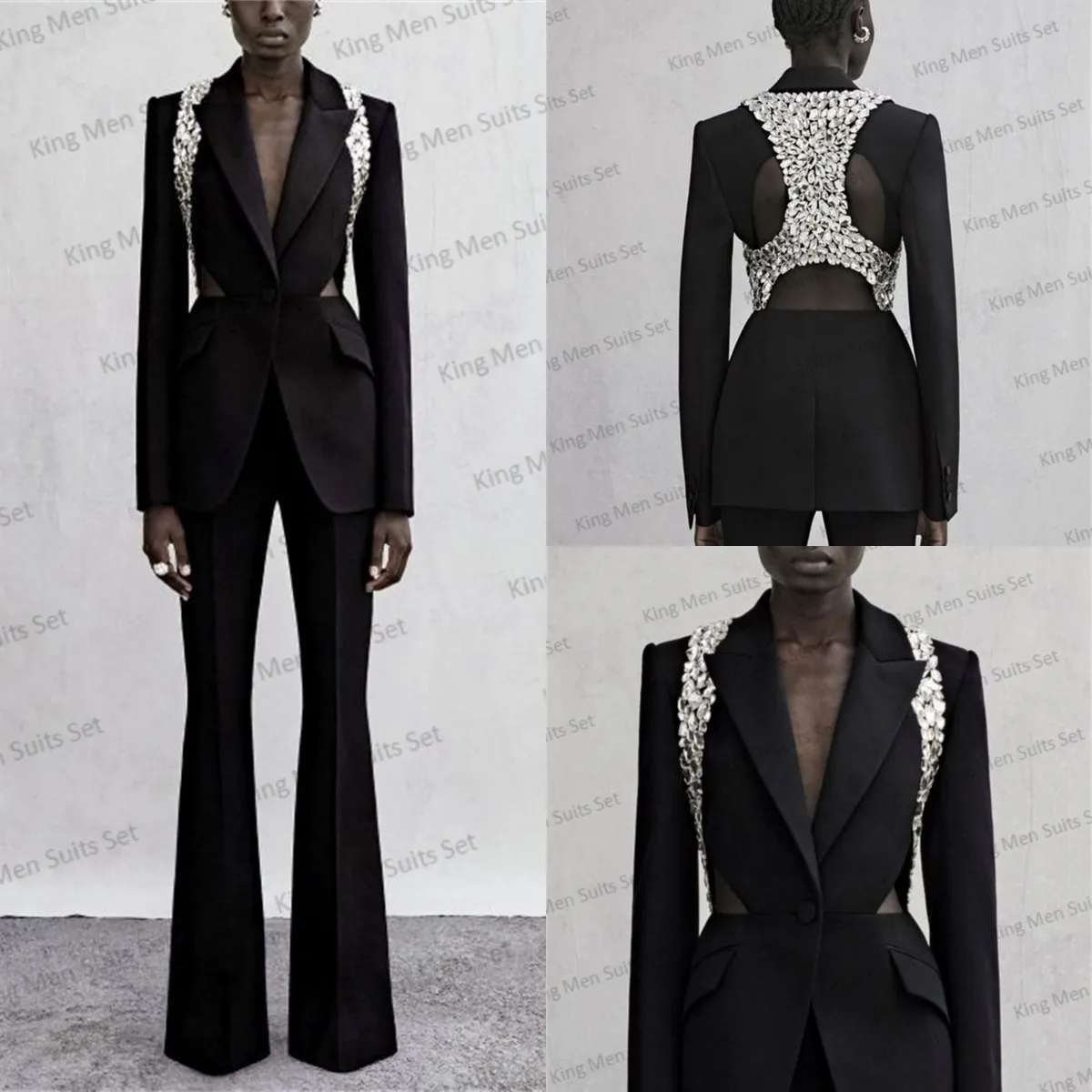 Top Trends: Black Crystals Women Suit Set Blazer+ Flare Pants 2 Pieces Hollow Back Jacket Sexy V Neck Designer Luxury Custom Made Costumes Shoppable Styles