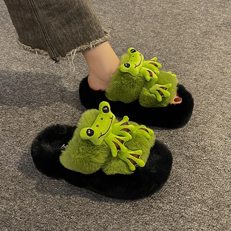 Top Trends: Funny Couple Lovely Frog Cotton Slippers 2024 Winter Student Anti Slip Warm Animals Plush Home Plush Slipper Women Outdoor Shoes Shoppable Styles