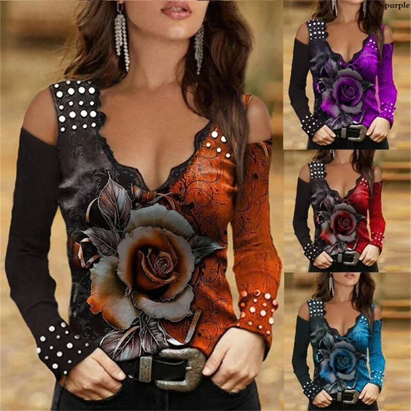 Top Trends: 2023 Spring And Autumn New Fashion Women Top Slim Fit Off Shoulder Long Sleeve T-Shirt Casual Flower Print Loose V-Neck Sexy Top Shoppable Styles