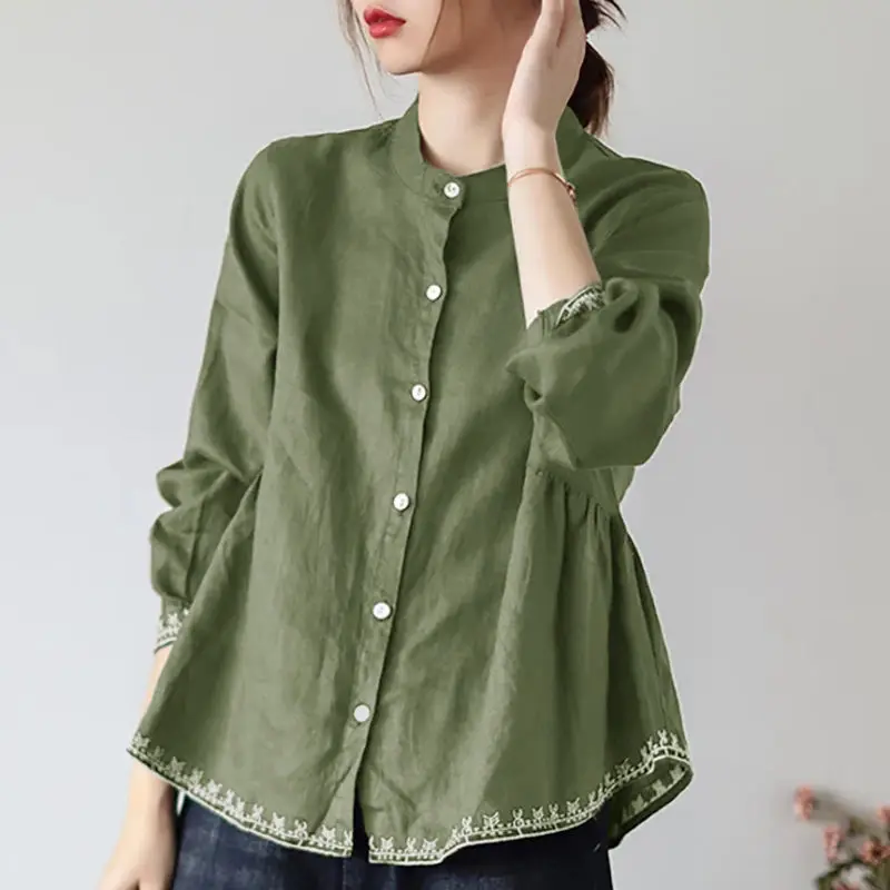 Top Trends: Casual Fashion Solid Color Button Embroidery Loose Shirt Women&#039;s Clothing 2022 Autumn New Commute Tops All-match Korean Blouse Shoppable Styles