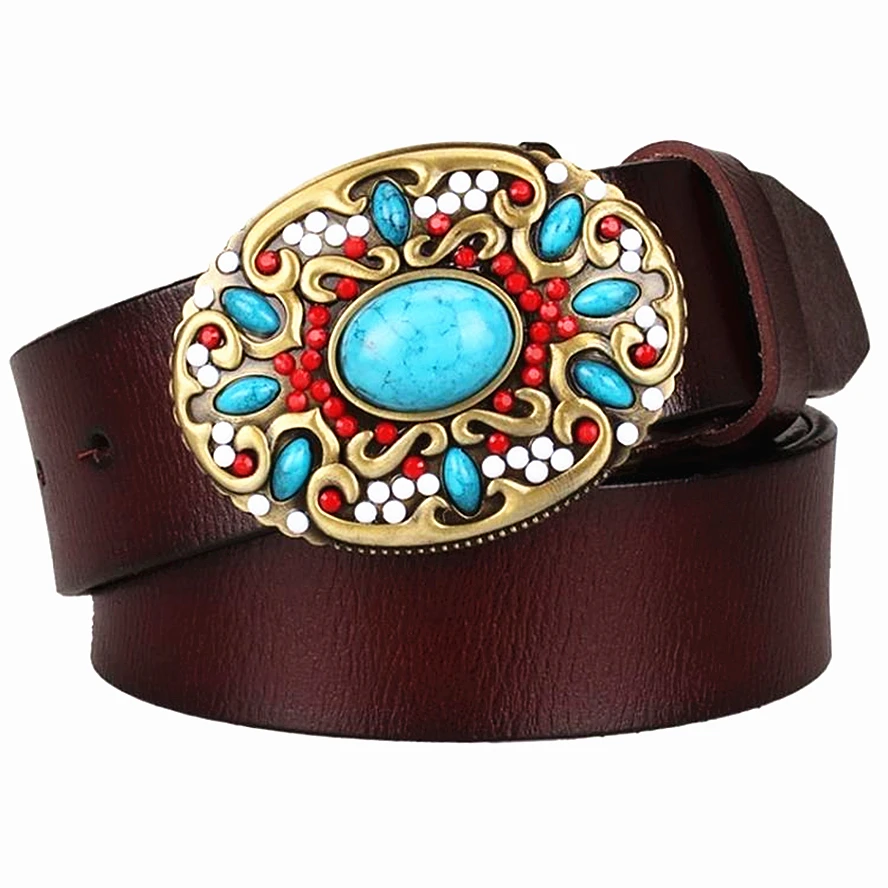 Top Trends: Fashion Women&#039;s Genuine Leather Belt Mosaic Gem Turquoise Belts Metal Buckle Arabesque Pattern Retro Lady Jeans Waistband Gift Shoppable Styles