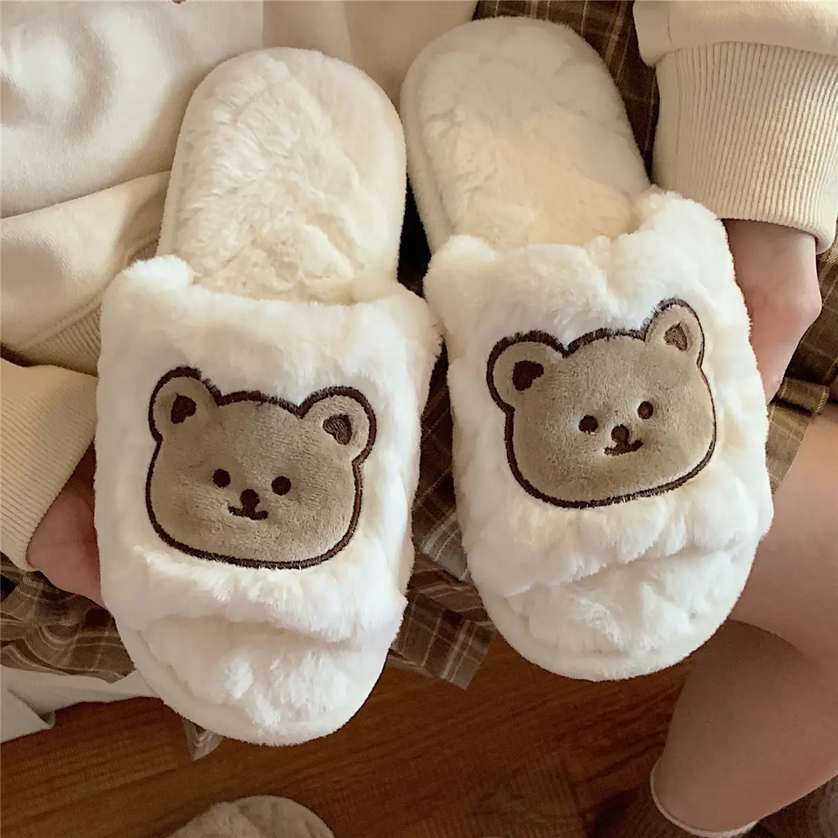 Top Trends: Fashion Cotton Slippers Lady One Word Open Toe Slippers Winter Home Non-slip Warm Cute One Word Indoor Home Floor Fur Slippers Shoppable Styles