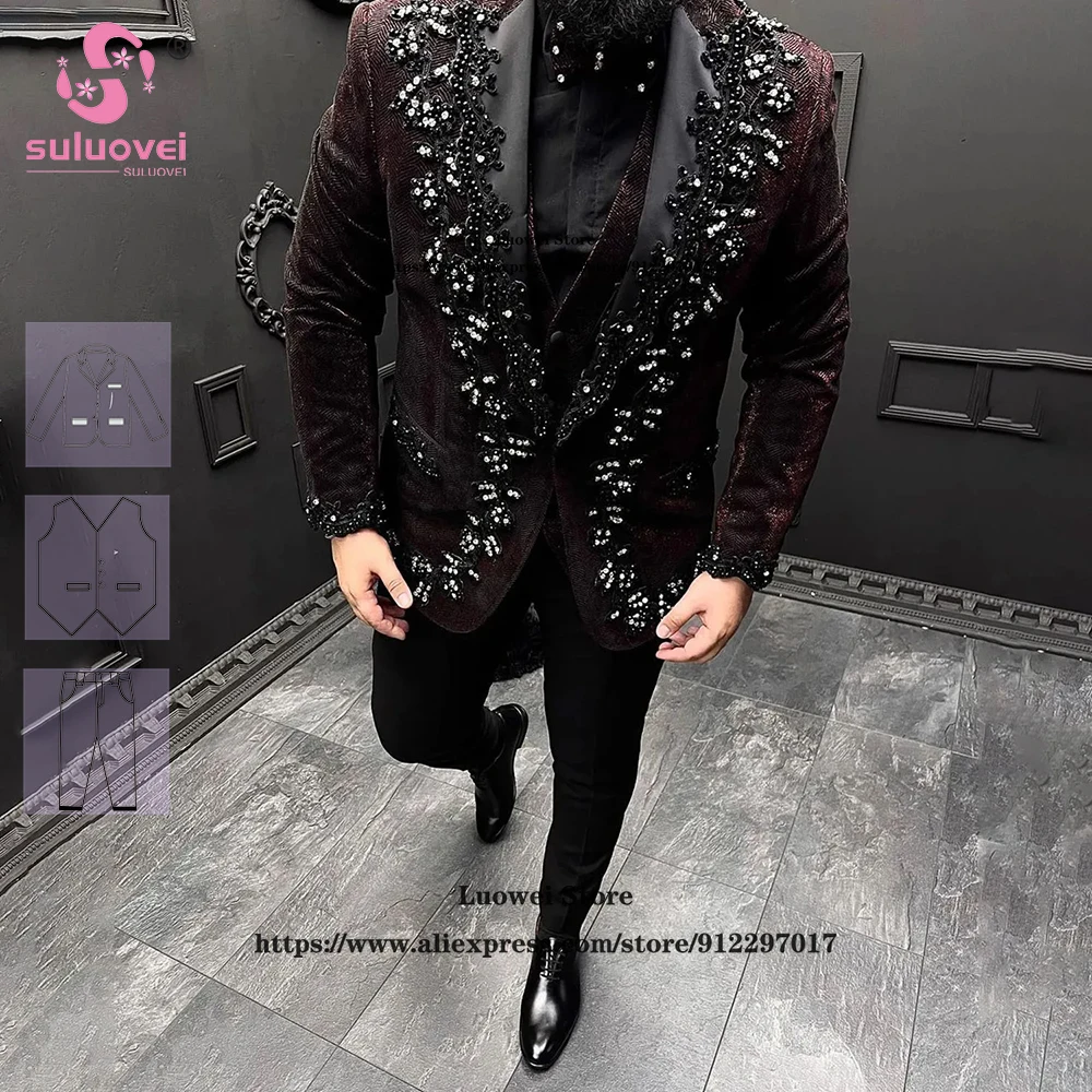 Top Trends: Luxury Beaded Applique Herringbone Tweed Suits For Men Wool 3 Piece Pants Set Formal Groom Wedding Party Tuxedo Blazer Masculino Shoppable Styles