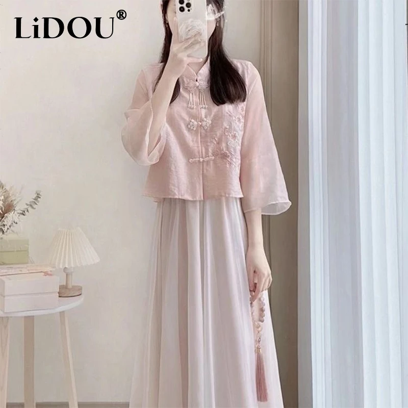 Top Trends: Summer New Chinese Style Vintage Embroidery Shirts Pleated Skirt Set Ladies Half Sleeve Elegant Top Skirt Suit Women&#039;s Clothing Shoppable Styles