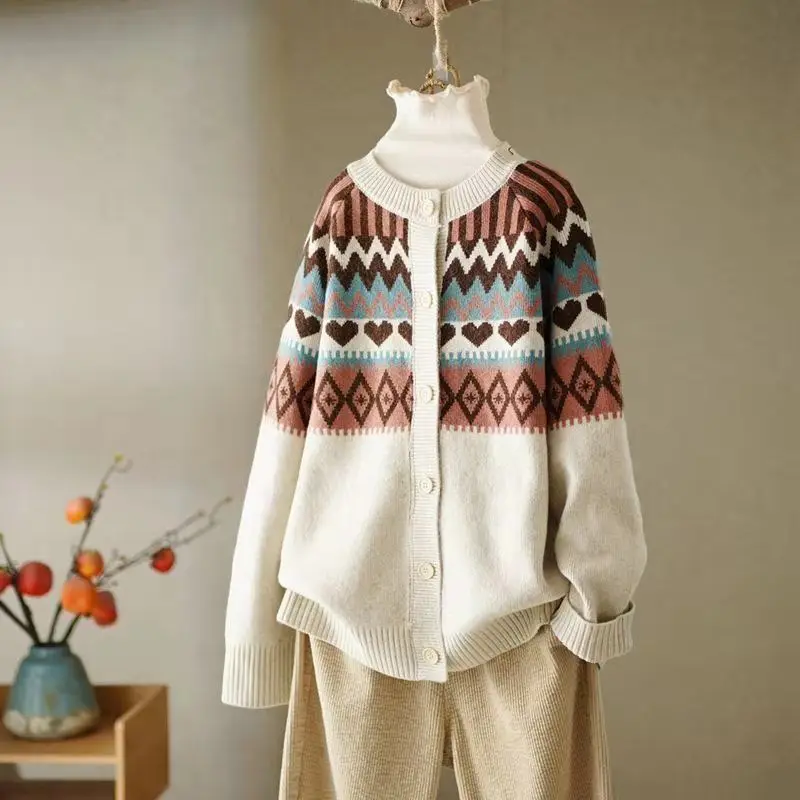 Top Trends: Fashion Women Knitted Sweaters Coat Geometric Jacquard Autumn Winter Korean New Long Sleeve V-Neck Button Cardigans Casual Tops Shoppable Styles