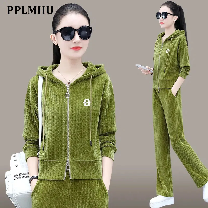 Top Trends: Korean Fashion Tracksuit 2 Piece Set Women Casual Hooded Zipper Sweatshirt And Wide Leg Pants Suit Ensemble Jogging Femme 2022 Shoppable Styles