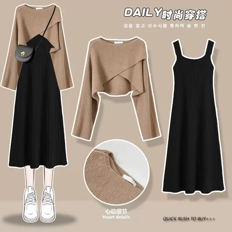 Top Trends: Women's Sweet Spring Autumn Gray Sweater Dress Suit 2023 Korean Lady Dresses Set Casual Outfits Shoppable Styles - Image 4