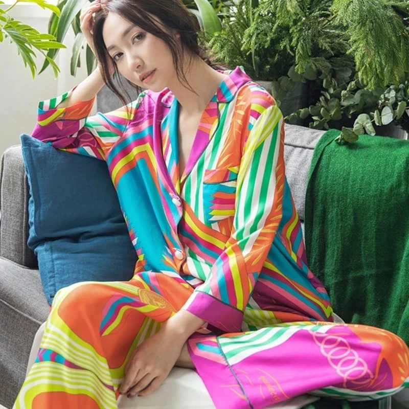 Top Trends: Vintage 2023 Spring Silk Satin Printed Pajamas Set Sleepwear For Women 2 Pieces Long Sleeve Loose Luxury Green Nightwear Shoppable Styles - Image 6