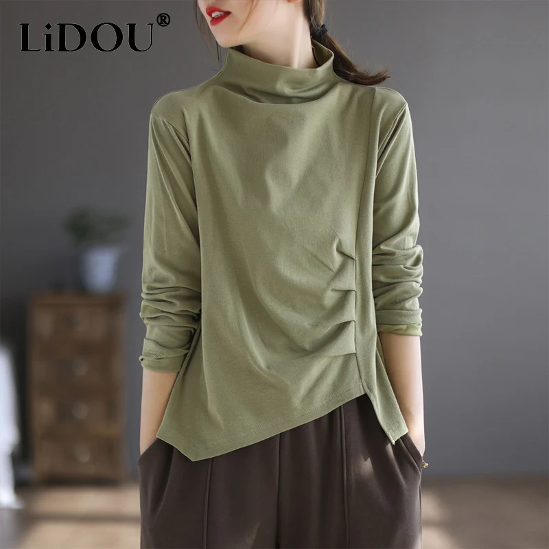 Top Trends: 2023 Spring Autumn New Solid Color Fashion Stand Collar Long Sleeve T-shirt Women Casual Vintage Elegant Pleated All-match Tops Shoppable Styles