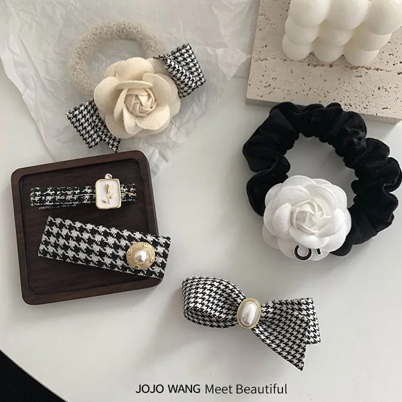 Top Trends: Korean Fashon Camellia Flower Houndstooth Lattice Back Of Head Hairpin Big BB Bangs Clip Large Intestine Circle Hair Accessories Shoppable Styles