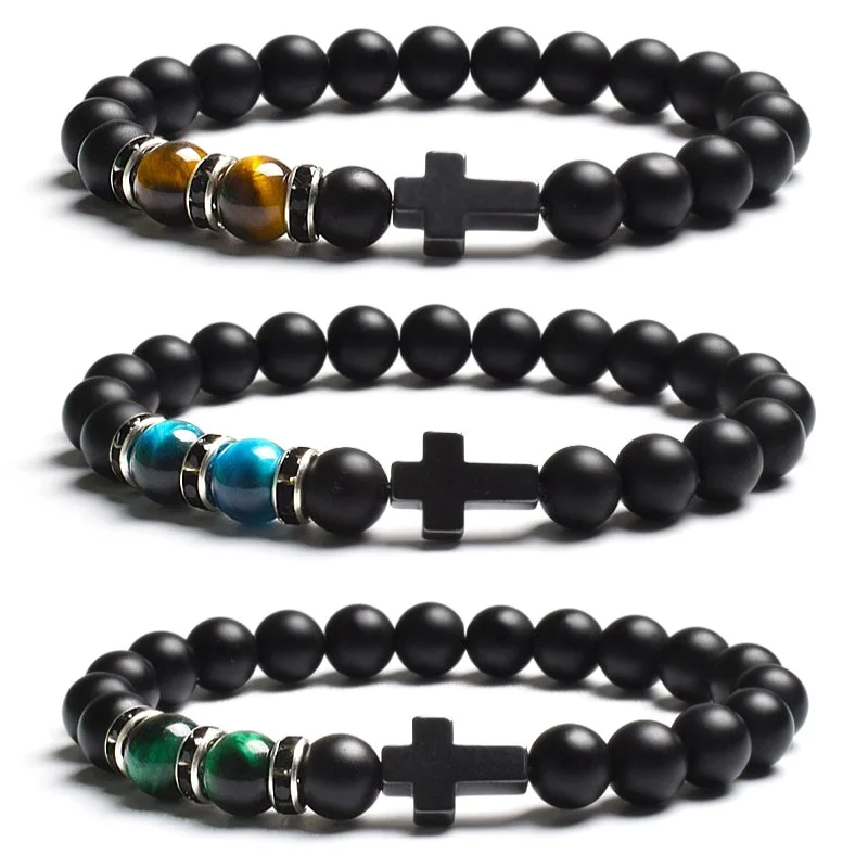 Top Trends: Fashion Religion Cross Men Women 8mm Natural Stone Tiger Eye & Black Matte Agates Bead Bracelet Elastic Bracelet Bangle Jewelry Shoppable Styles