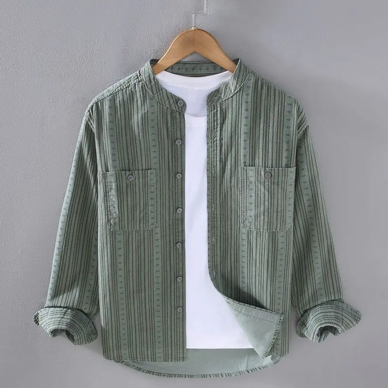 Top Trends: 2024 Spring Autumn New Striped Shirt Man Stand Collar Long Sleeve Pocket Single Breasted Cardigan Korean Style Casual Loose Coat Shoppable Styles