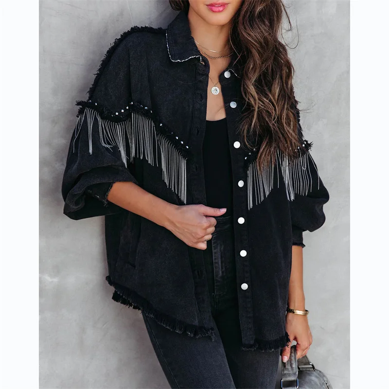 Top Trends: Fashion Tassel Splicing Denim Jacket Ladies Casual Trend Streetwear Women&#039;s Long Sleeve Single-breasted Coat Ins Style Outerwear Shoppable Styles