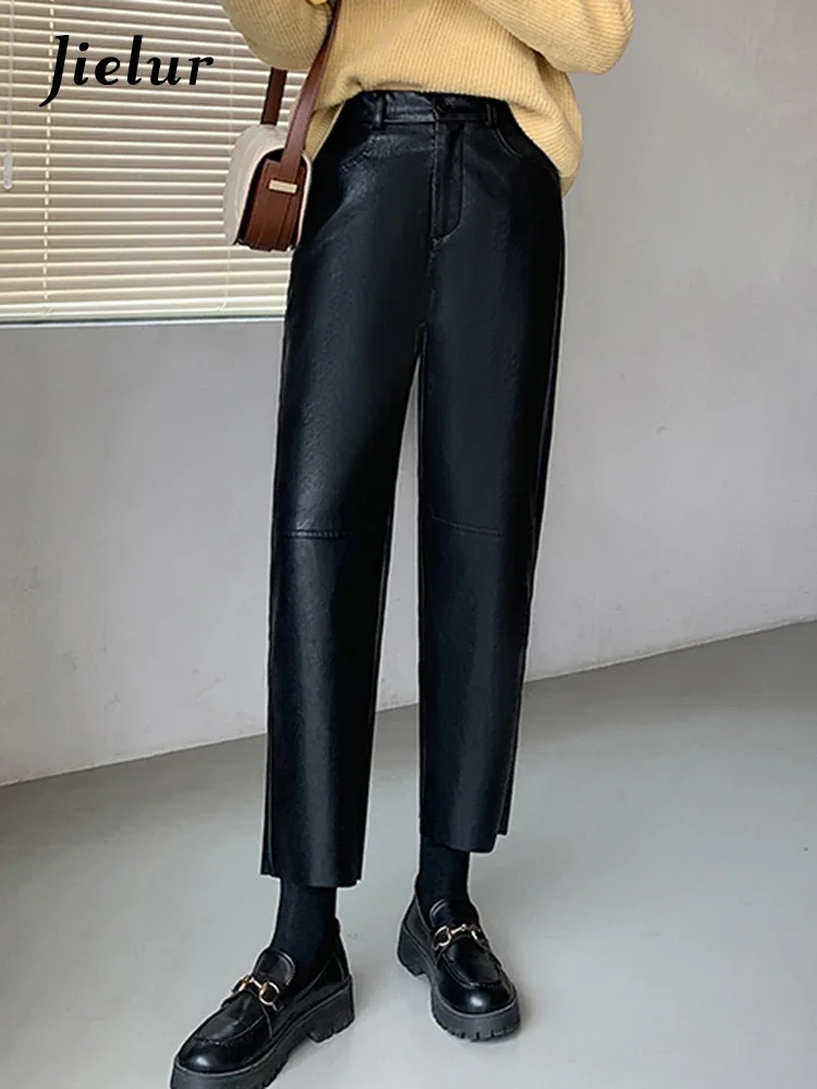 Top Trends: Jielur Black Pu Casual Slim Female Pants Office Lady Solid Color High Waist Straight Chic Button Zipper Fashion Women&#039;s Trousers Shoppable Styles