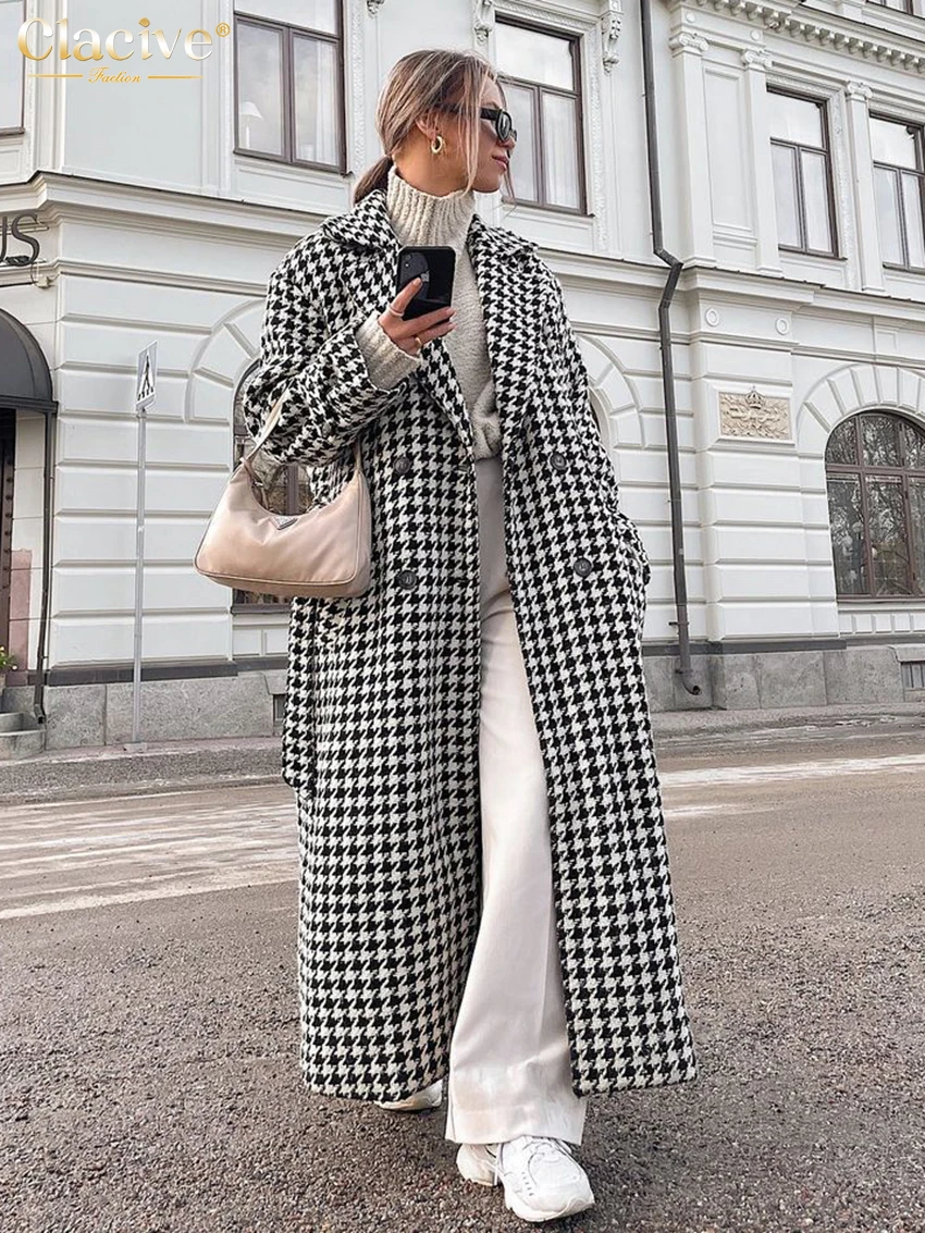 Top Trends: Clacive Winter Loose Houndstooth Women Coat Elegant Lapel Long Sleeve Office Jacket Trench Fashion Classic Warm Overcoat Female Shoppable Styles