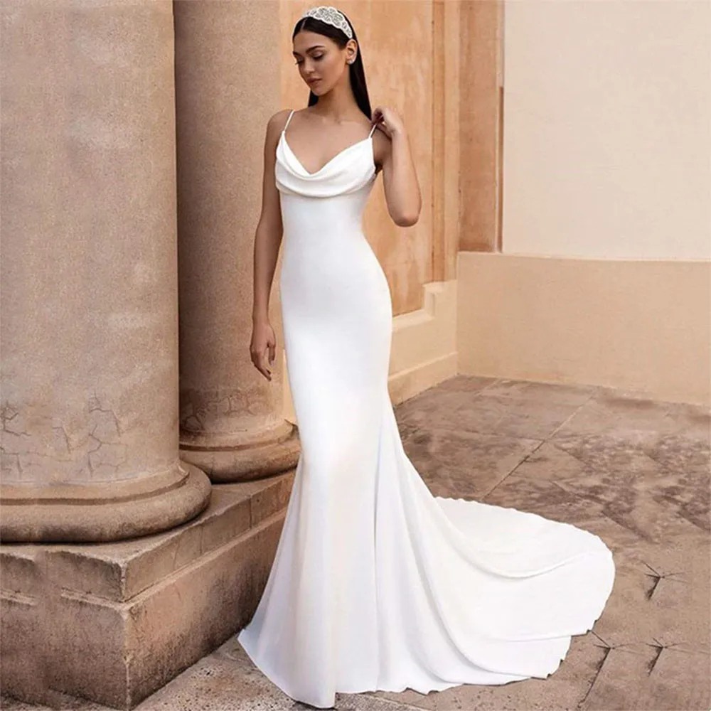 Top Trends: Simple Mermaid Wedding Dress White Satin Cowl Neck Sexy Spaghetti Strap Beach Bridal Gown Long Train Buttons Vestido De Novia Shoppable Styles