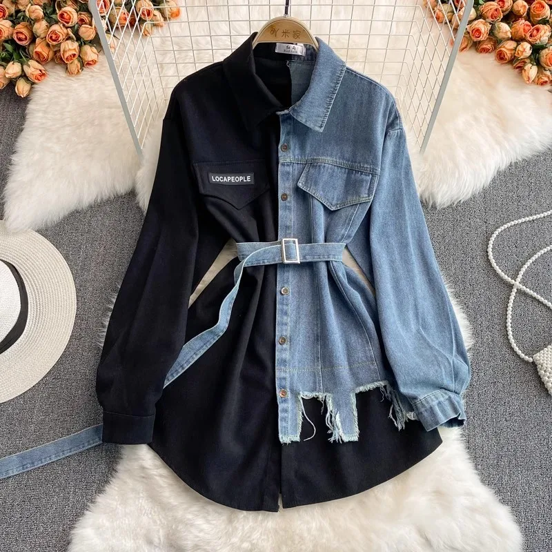 Top Trends: Vintage Patchwork Blouse Women Long Sleeve Denim Blouse With Belt Spring Autumn Korean Fake Two Piece Tops Jeans Shirts Shoppable Styles