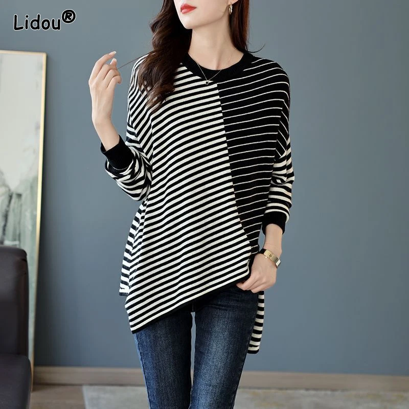 Top Trends: 2023 Spring And Autumn Fashion Western Round Neck Stripe Contrast Shoulder Sleeves Loose Leisure Oversized Design Hem T-shirt Shoppable Styles