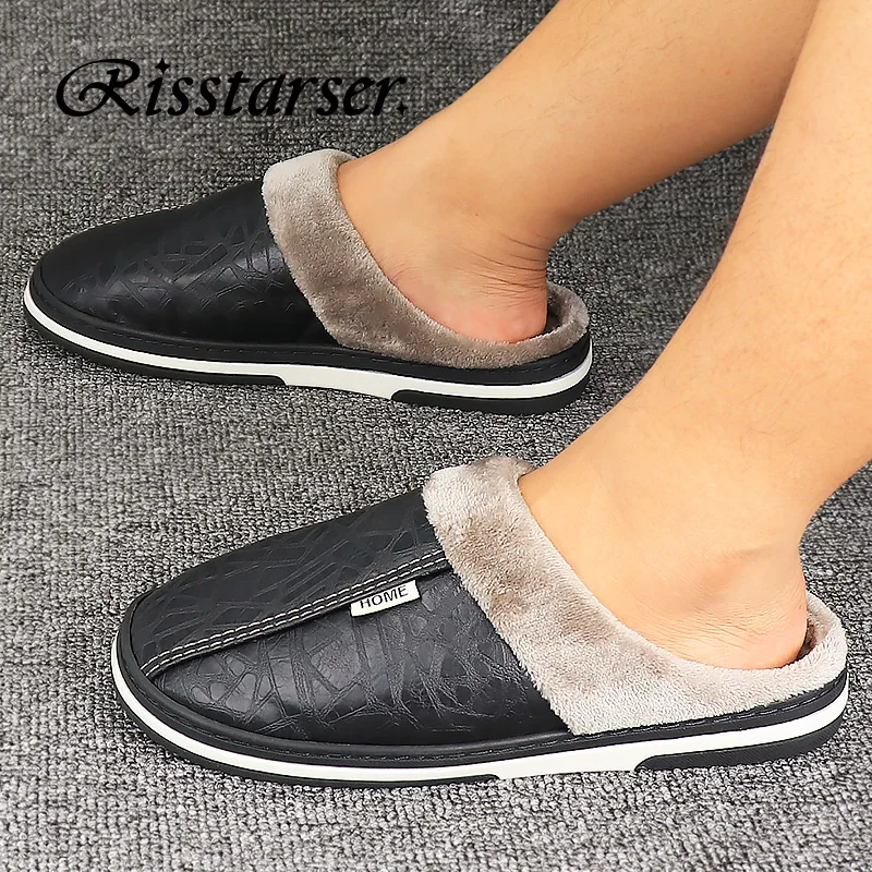 Top Trends: Plus Size Men Slippers Leather Indoor Winter Waterproof Warm Home Fur Women Slipper Male Unisex Memory Foam Slippers Cheap Sale Shoppable Styles