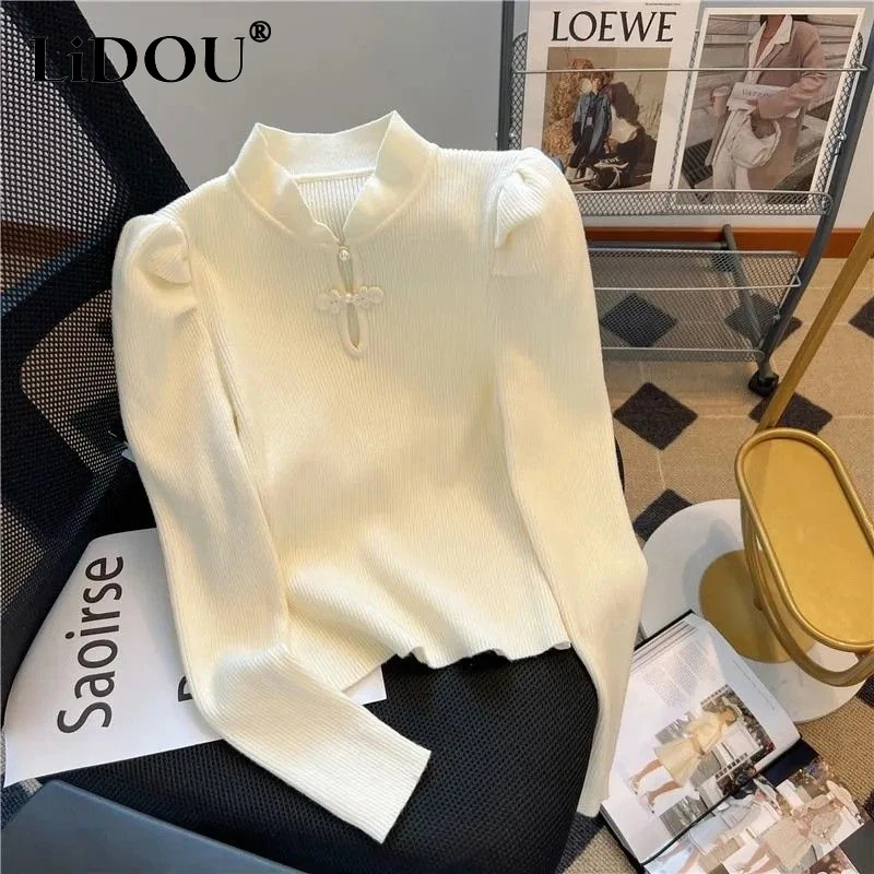 Top Trends: 2023 Autumn Winter New Solid Color Fashion Stand Collar Pullovers Women High Street Slim Screw Thread Hollow Out All-match Tops Shoppable Styles