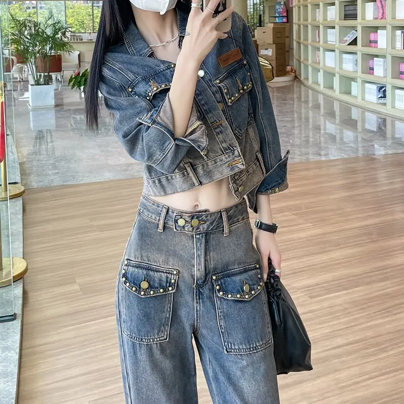 Top Trends: Two Piece Women Clothing Denim Pant Sets Spring Autumn Long Sleeve Short Jacket Female Street Fashion Loose Vintage Jeans Suit Shoppable Styles