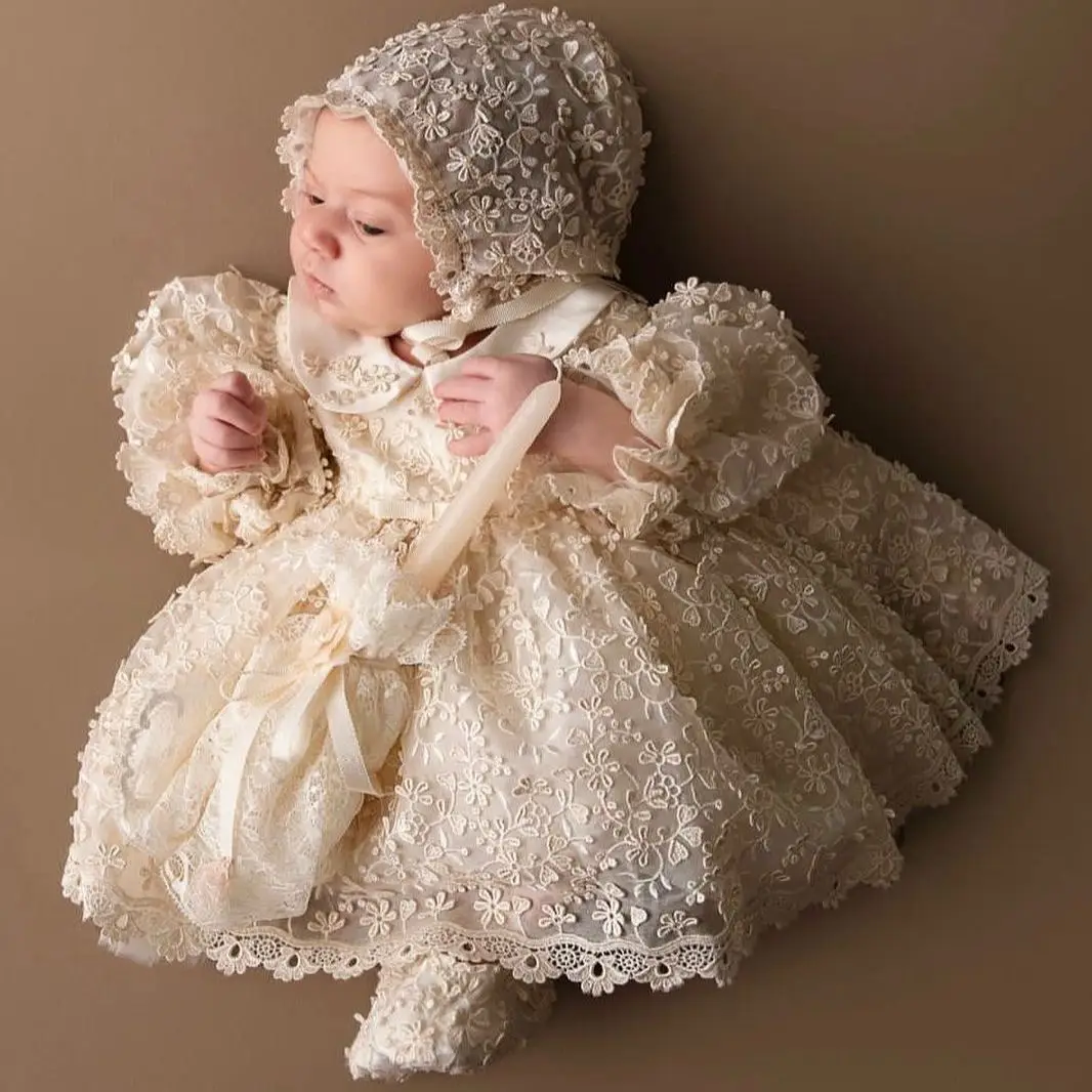 Top Trends: Luxury Christening Gowns For Baby Lace Appliqued Full Sleeves First Communion Dresses Infant Toddler Girls Baptism Dresses Shoppable Styles