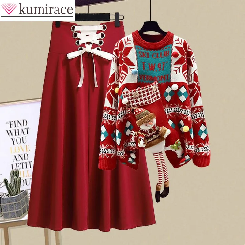 Top Trends: 2023 New Christmas Sweater Knit Pullover Lace Up Pleated Half Dress Two Piece Elegant Women's Dress Set Winter Outfits Shoppable Styles