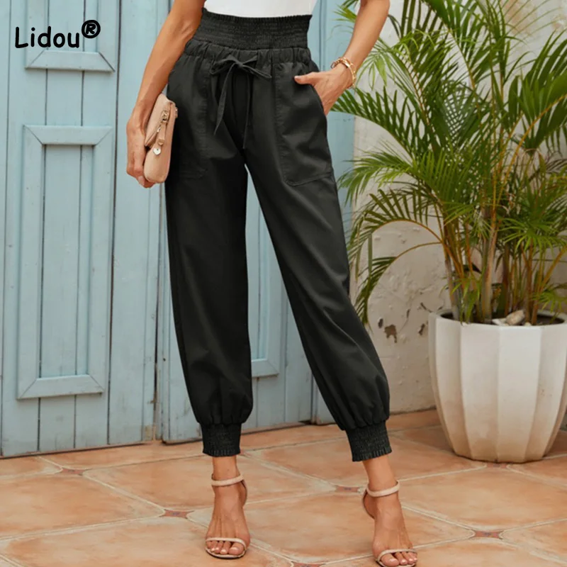 Top Trends: Casual Spring Summer Women&#039;s Clothing Pockets Solid Pants Drawstring Loose-fitting Cotton Linen High Waisted Pencil Trousers Shoppable Styles