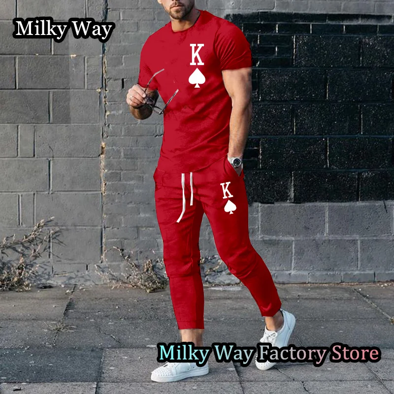 Top Trends: Summer Men Solid Color T-Shirt Trousers Set Fashion K Print Tracksuit 2 Pieces Casual Clothing Male New Oversized Streetwear Shoppable Styles