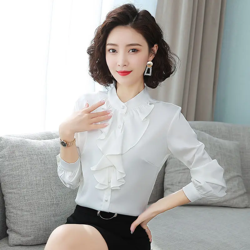 Top Trends: Korean Fashion Office Lady Chiffon Blouse Ruffles Long Sleeve Spring Autumn Loose Cardigan Solid White Women Elegant Shirt 2022 Shoppable Styles