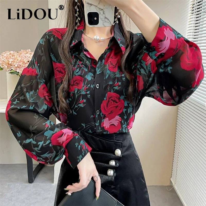 Top Trends: Spring Summer New Turn Down Collar Floral Print Shirt Ladies Lantern Long Sleeve Cardigans Top Women Loose Casual Fashion Blouse Shoppable Styles