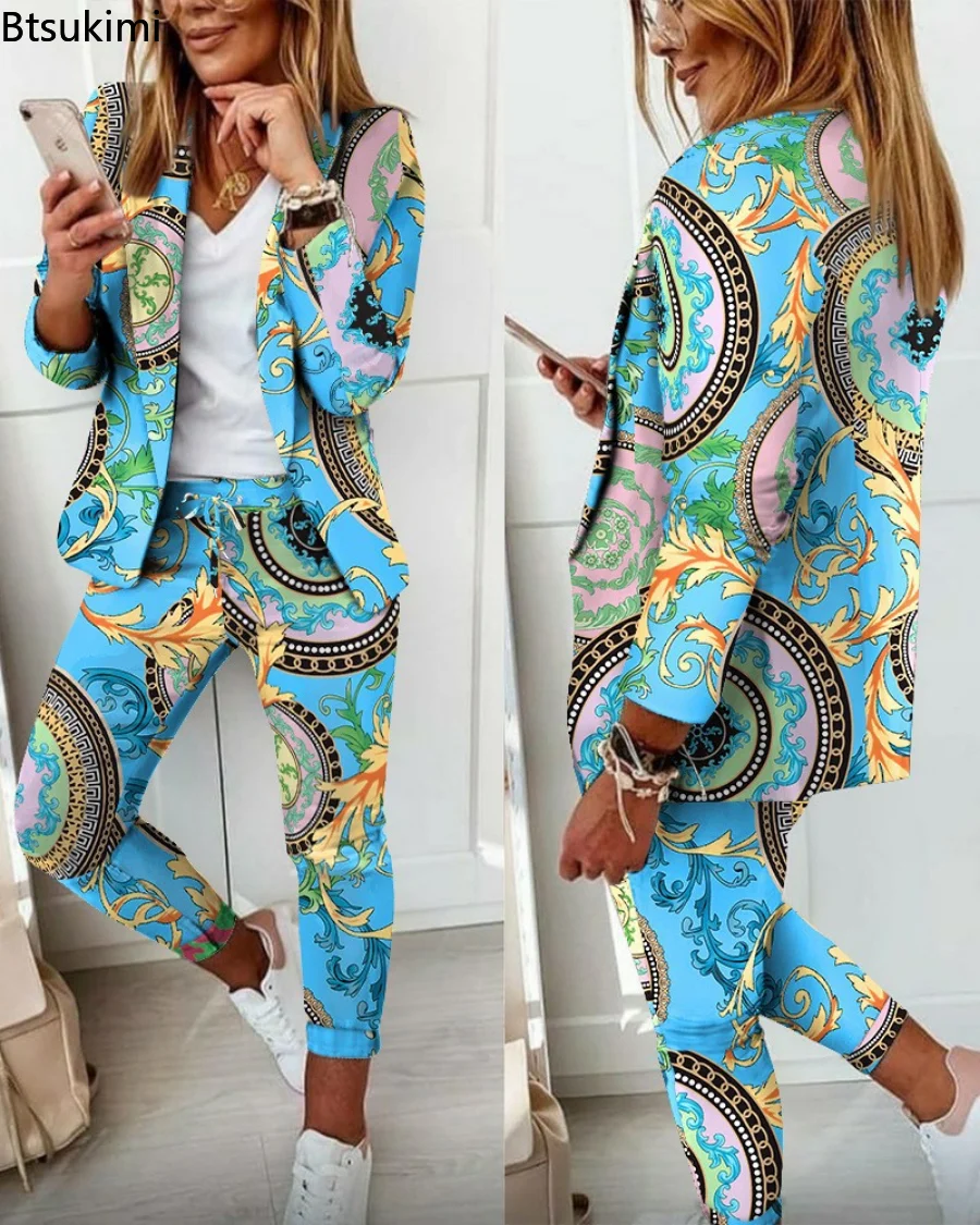 Top Trends: Fashion Women Two Piece Set Outfits 2023 Spring Autumn Women Turn Down Print Blazer Coat Drawstring Pants Suit Women Casual Set Shoppable Styles