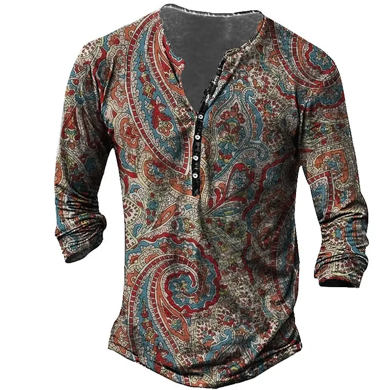 Top Trends: Vacation T Shirts For Men Cotton Ethnic Style Graphic T-Shirt Print Male Henley Shirt Streetwear Long Sleeve Tees Men&#039;s Clothing Shoppable Styles