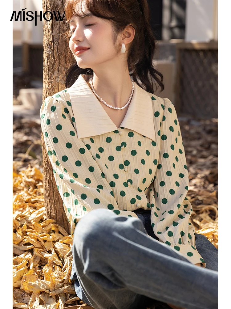 Top Trends: MISHOW 2023 Autumn Women's Polka Dot Shirt Korean Female Clothes Vintage Polo-Neck Single Breasted Blouse Office Lady MXB33C0542 Shoppable Styles